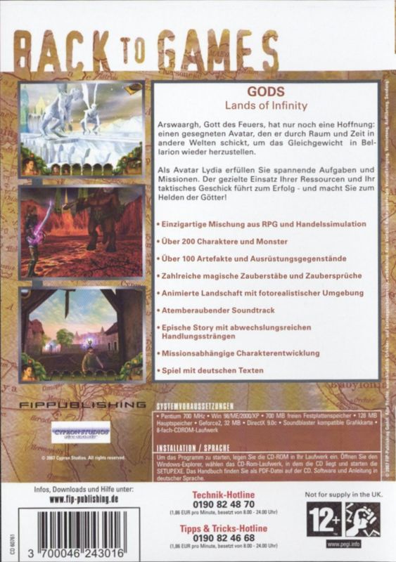 Back Cover for Gods: Lands of Infinity (Windows) (Back to Games release)