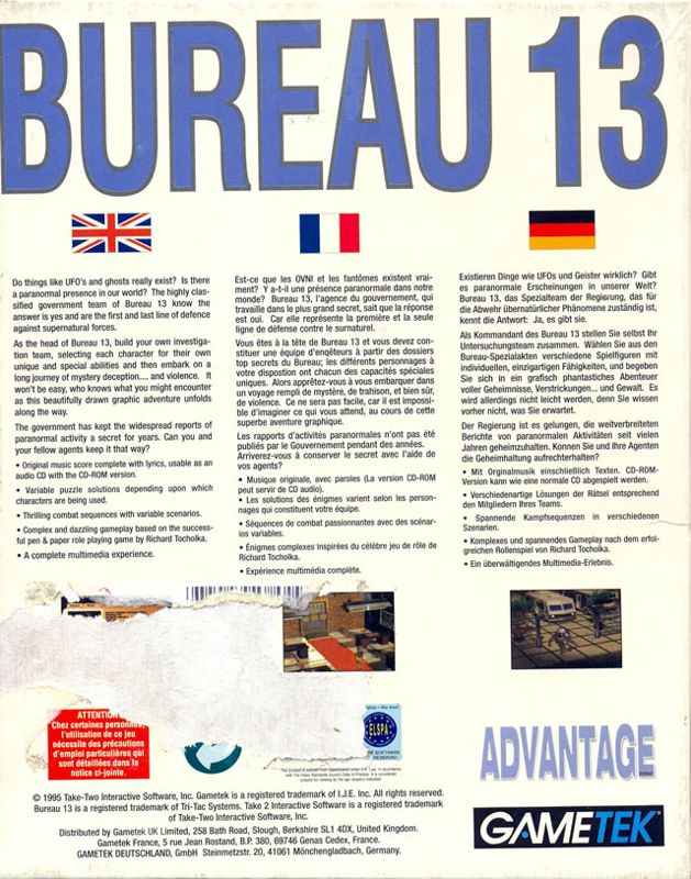 Back Cover for Bureau 13 (DOS) (Advantage release)