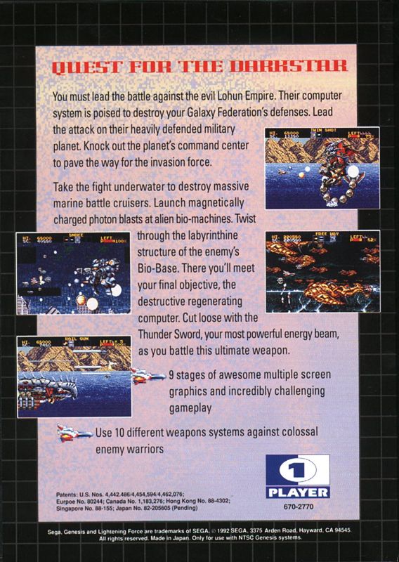 Back Cover for Lightening Force: Quest for the Darkstar (Genesis)