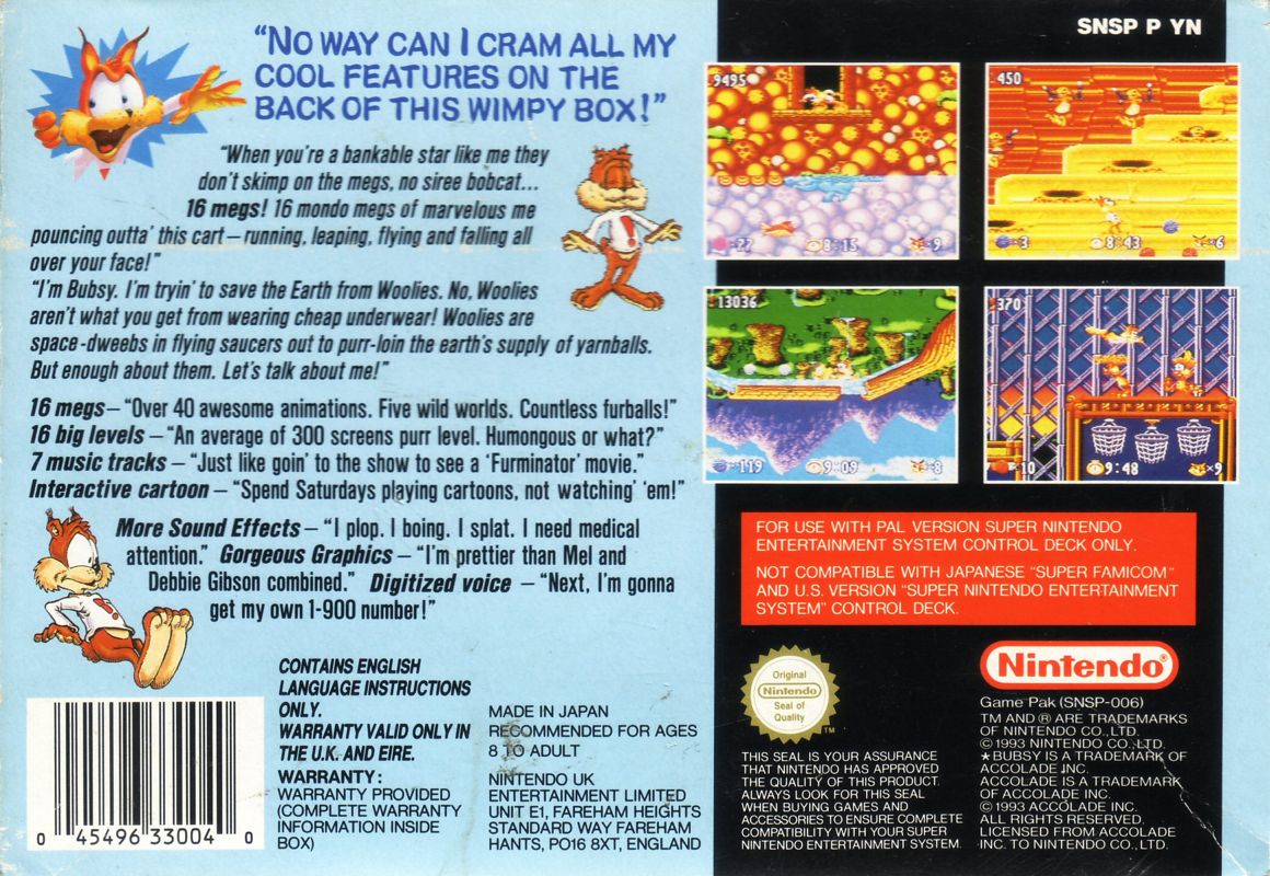 Back Cover for Bubsy in: Claws Encounters of the Furred Kind (SNES)