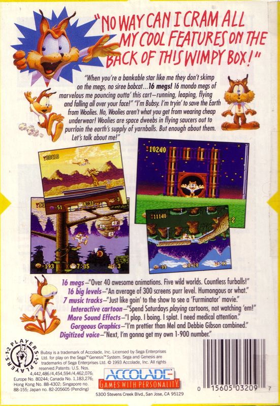 Back Cover for Bubsy in: Claws Encounters of the Furred Kind (Genesis)