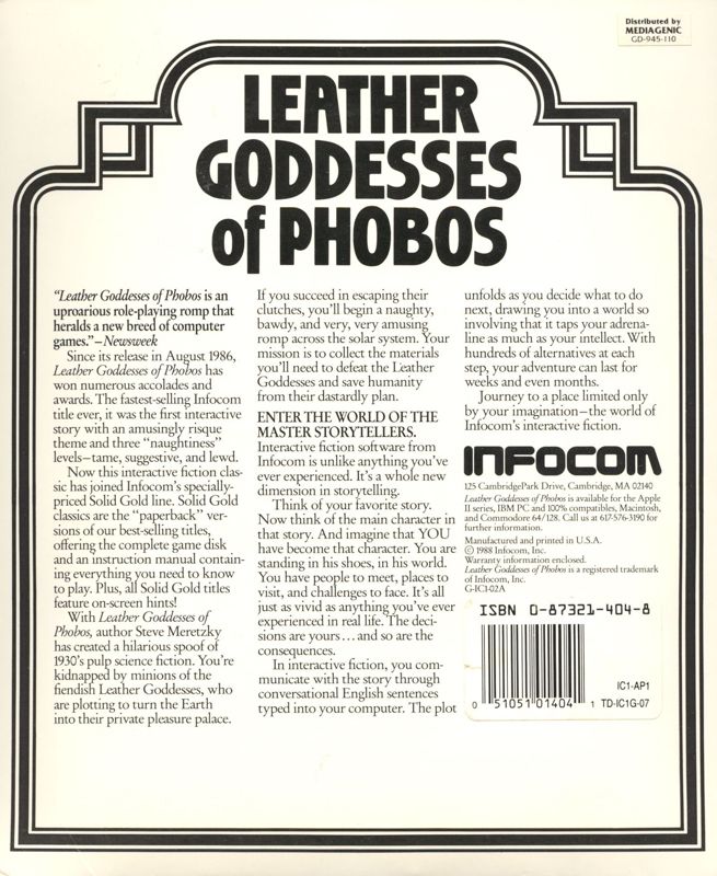 Back Cover for Leather Goddesses of Phobos (Apple II) (Solid Gold (Folder) Release)