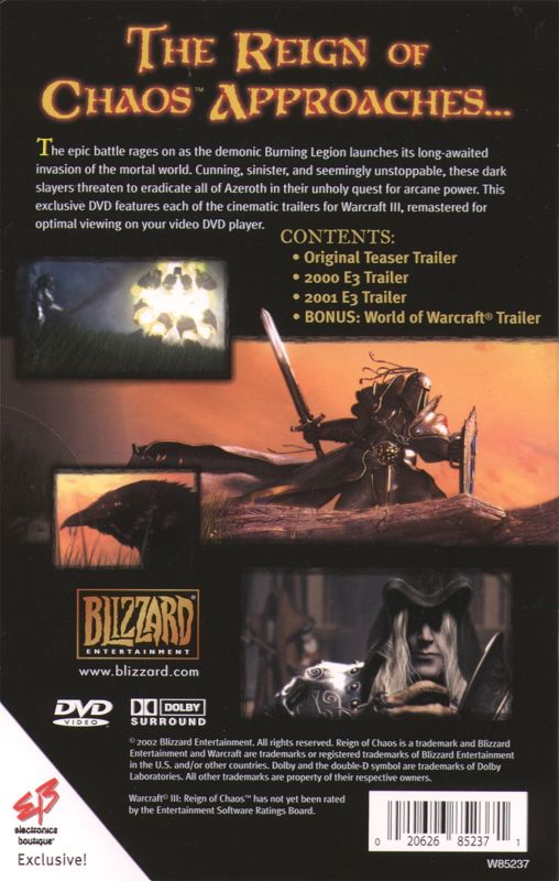 Extras for WarCraft III: Reign of Chaos (Collector's Edition) (Macintosh and Windows): Trailer DVD - Keep Case - Back (Pre-order Bonus)