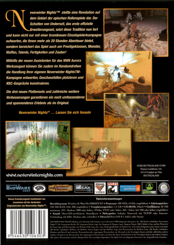 Back Cover for Neverwinter Nights: Shadows of Undrentide (Windows)