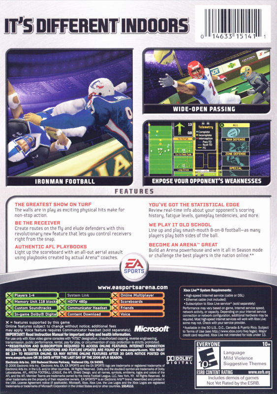 Back Cover for Arena Football (Xbox)