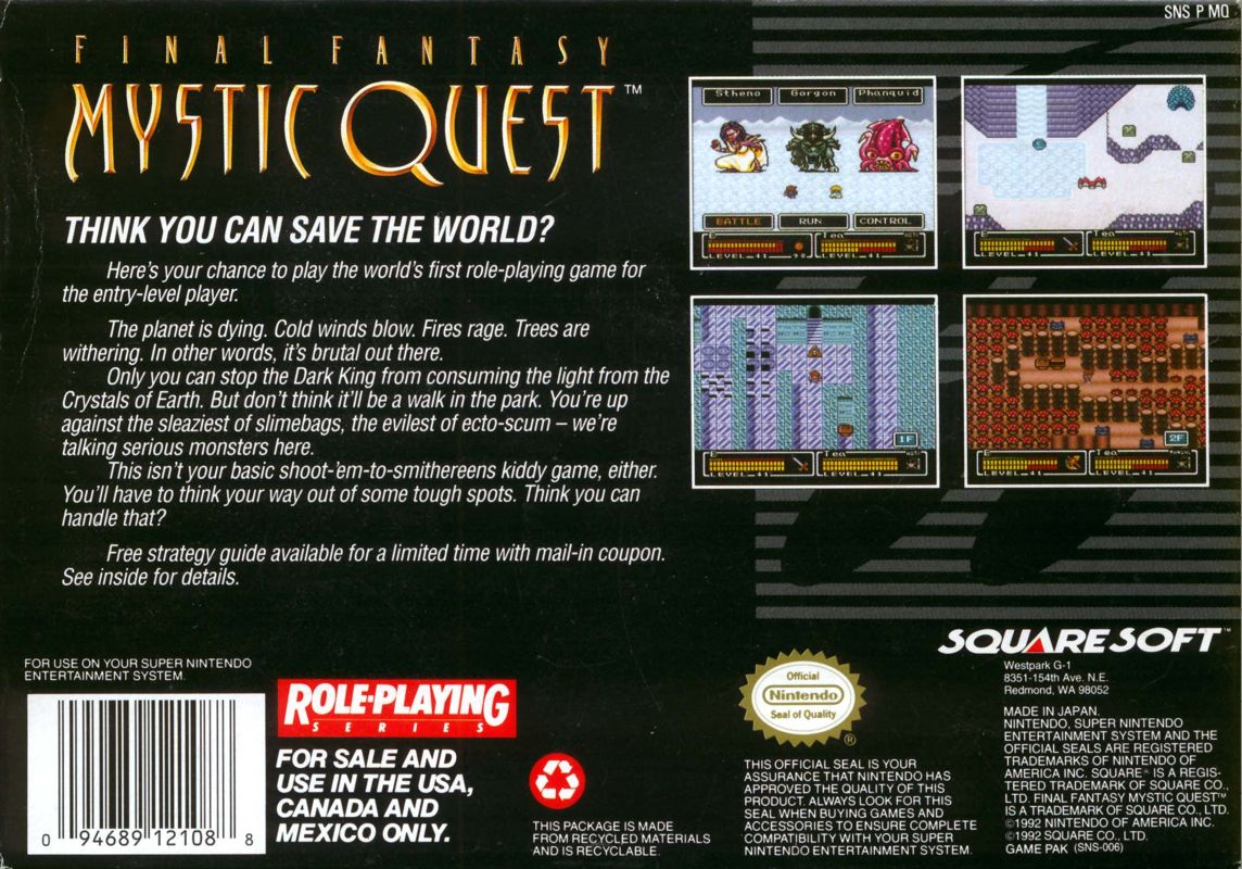 Back Cover for Final Fantasy: Mystic Quest (SNES)