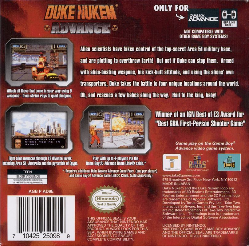 Back Cover for Duke Nukem Advance (Game Boy Advance)