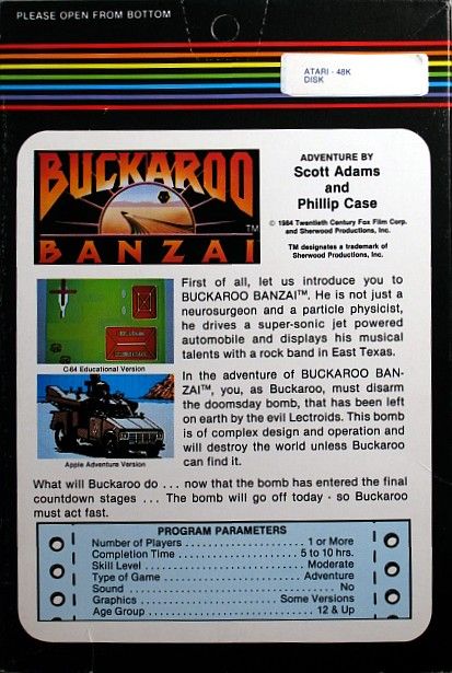 Back Cover for The Adventures of Buckaroo Banzai: Across the Eighth Dimension (Atari 8-bit) (Adventure edition)
