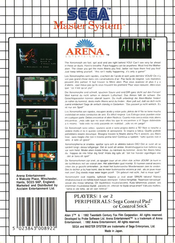 Back Cover for Alien³ (SEGA Master System)
