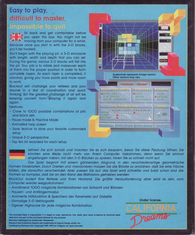 Back Cover for Blockout (Atari ST)