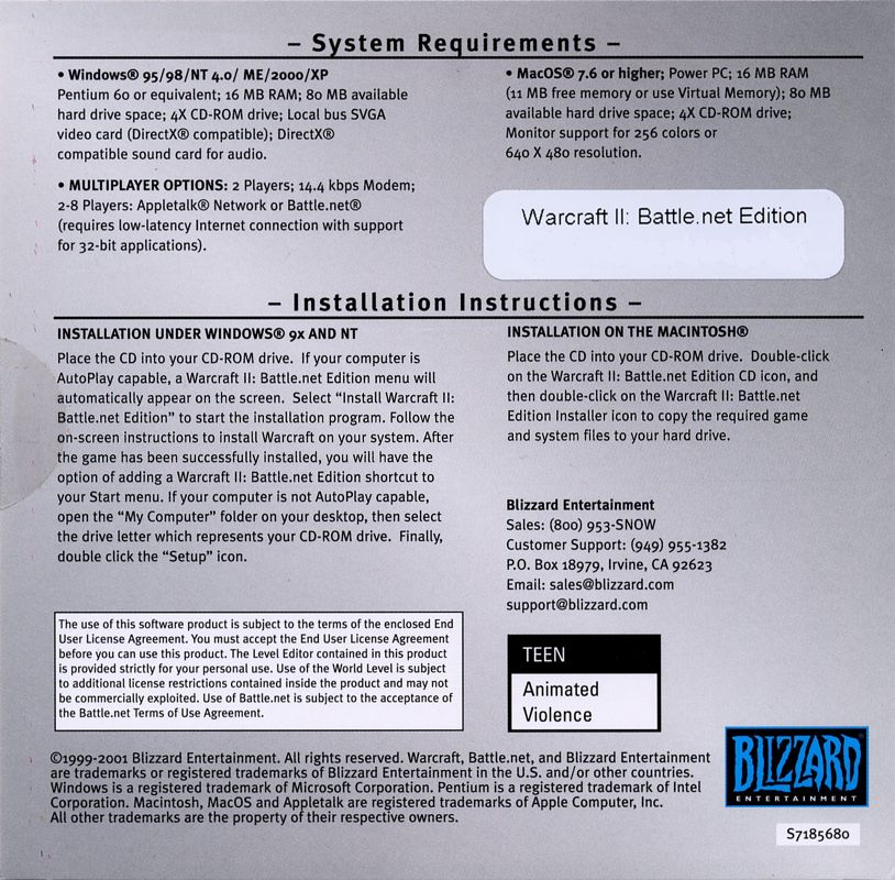 Other for WarCraft III: Reign of Chaos (Exclusive Gift Set) (Macintosh and Windows): WarCraft II: Battle.net Edition Sleeve - Back