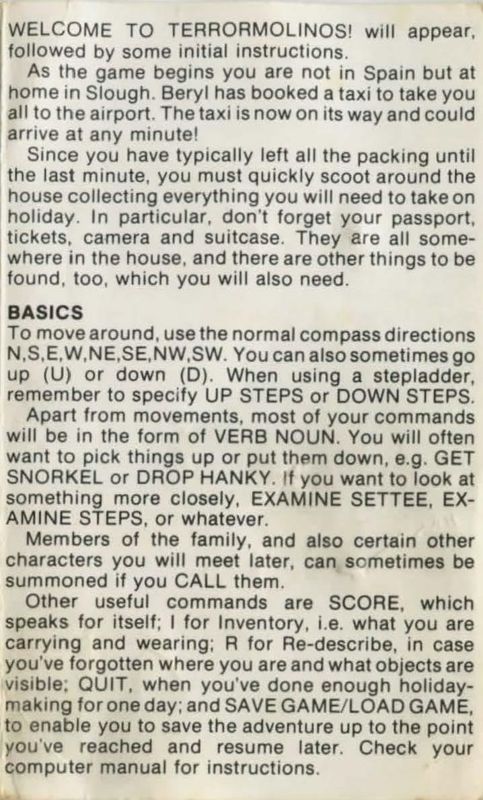 Manual for Terrormolinos (BBC Micro and Electron): Back