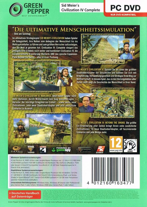 Back Cover for Sid Meier's Civilization IV: Complete (Windows) (Green Pepper release)