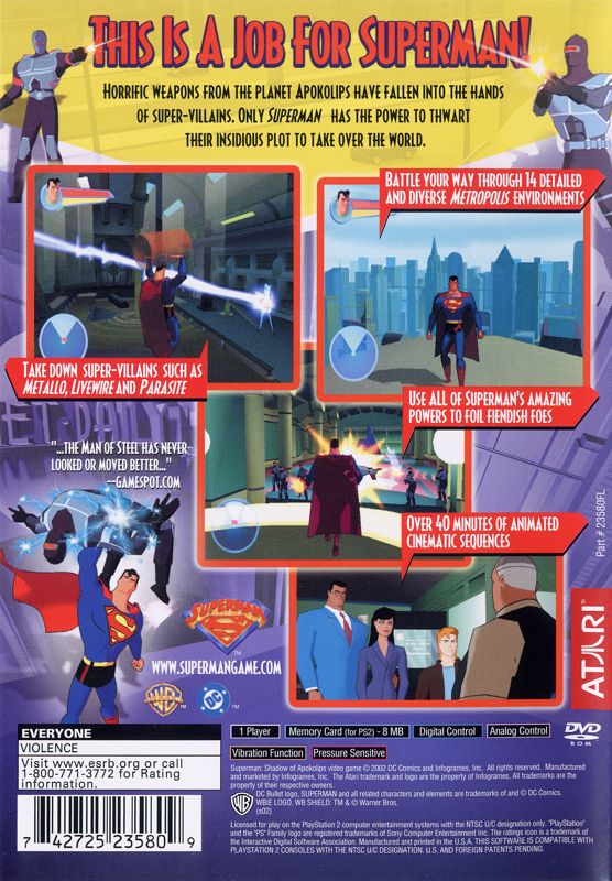 Back Cover for Superman: Shadow of Apokolips (PlayStation 2)