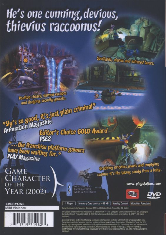 Back Cover for Sly Cooper and the Thievius Raccoonus (PlayStation 2) (Greatest Hits Release)