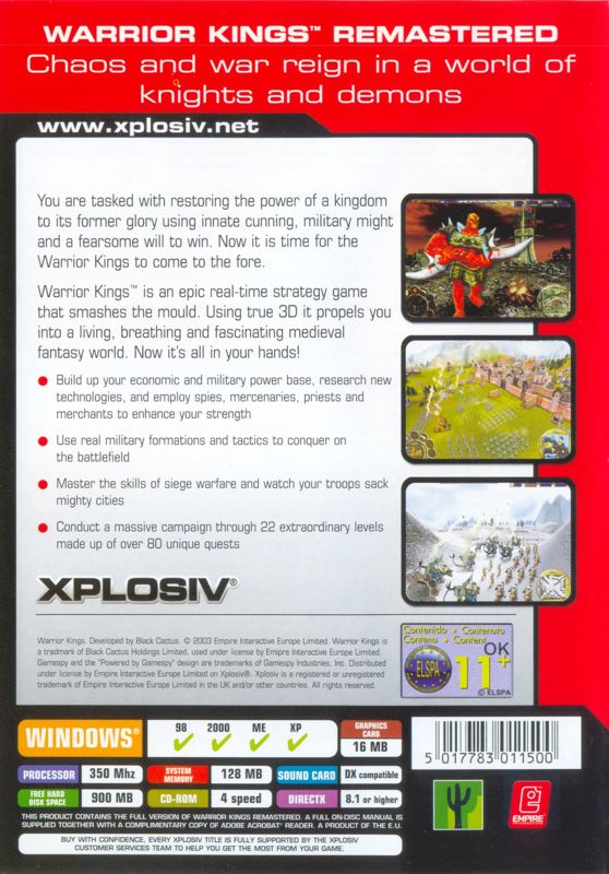 Back Cover for Warrior Kings (Windows) (Xplosiv release)