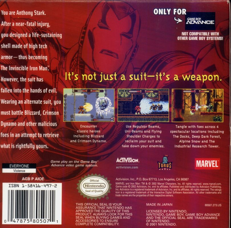 Back Cover for The Invincible Iron Man (Game Boy Advance)