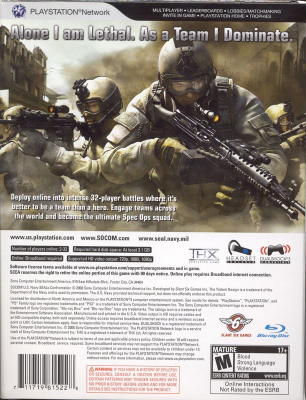 Back Cover for SOCOM: U.S. Navy SEALs - Confrontation (PlayStation 3) (Bluetooth headset bundle)