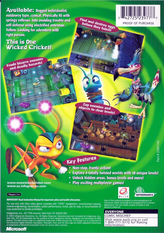Back Cover for Zapper: One Wicked Cricket! (Xbox)