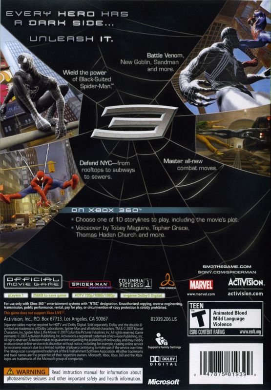 Back Cover for Spider-Man 3 (Xbox 360)