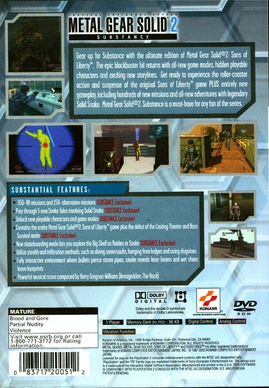 Back Cover for Metal Gear Solid 2: Substance (PlayStation 2)