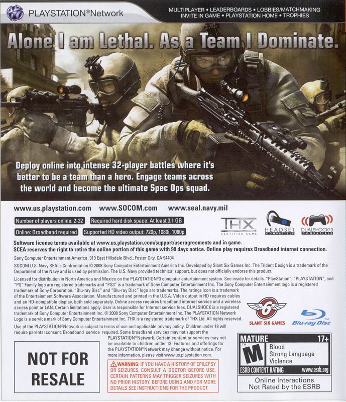 Other for SOCOM: U.S. Navy SEALs - Confrontation (PlayStation 3) (Bluetooth headset bundle): Keep Case - Back
