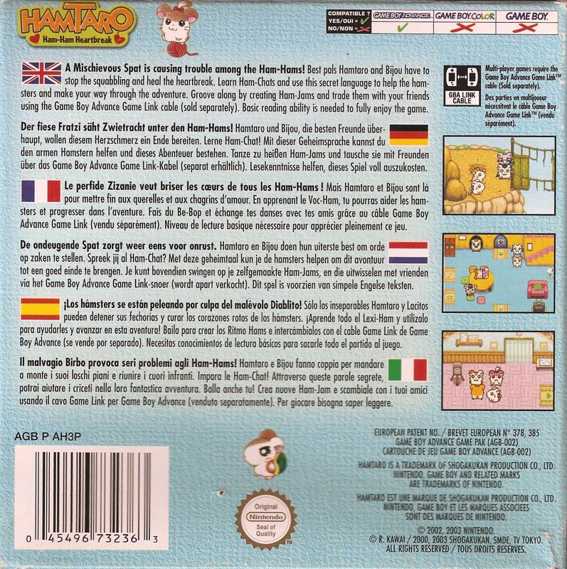 Back Cover for Hamtaro: Ham-Ham Heartbreak (Game Boy Advance) (European box, Nordic manual)