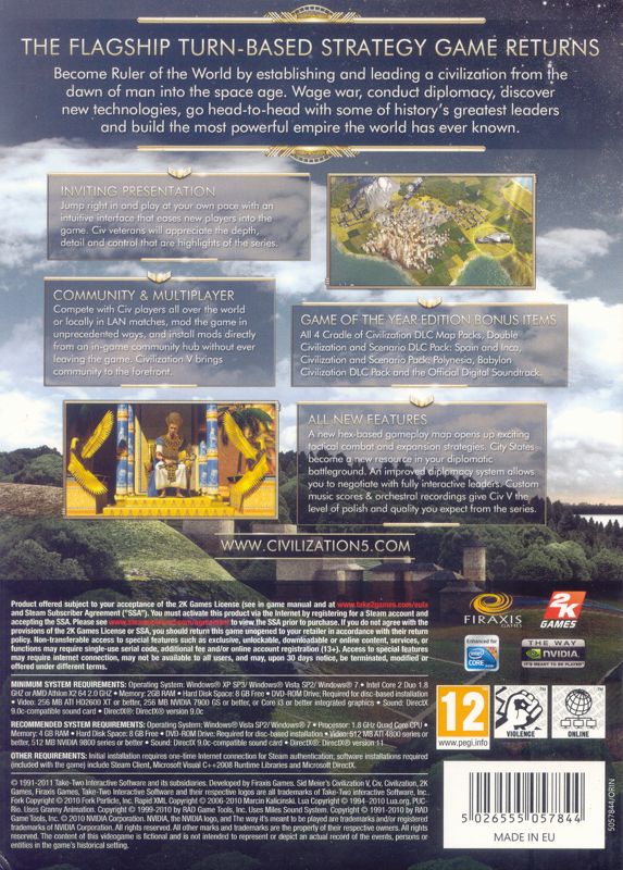 Back Cover for Sid Meier's Civilization V: Game of the Year Edition (Windows)
