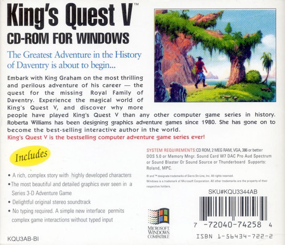 Back Cover for King's Quest V: Absence Makes the Heart Go Yonder! (DOS and Windows 3.x) (Talkie CD-ROM release)