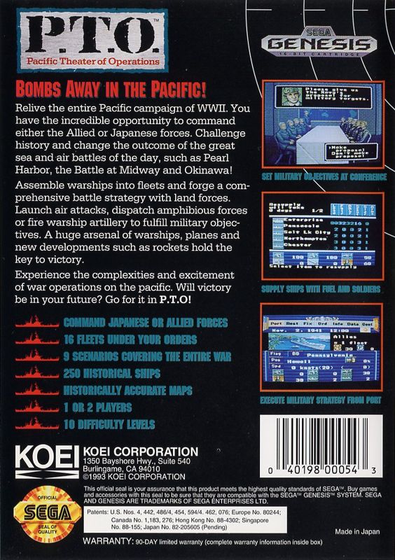 Back Cover for P.T.O.: Pacific Theater of Operations (Genesis)