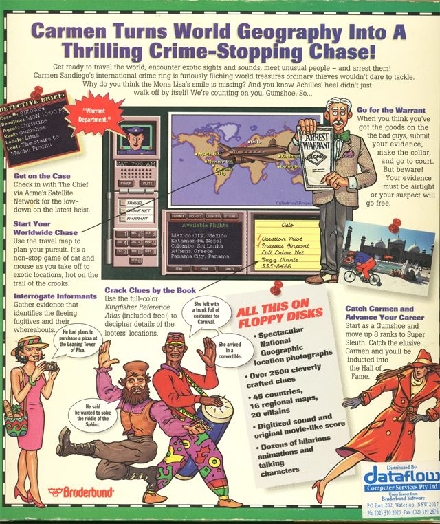 Back Cover for Where in the World Is Carmen Sandiego? (Deluxe Edition) (DOS) (Floppy disk version)