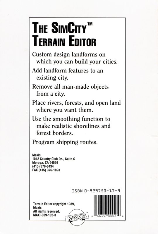 Back Cover for Sim City: Terrain Editor (DOS)