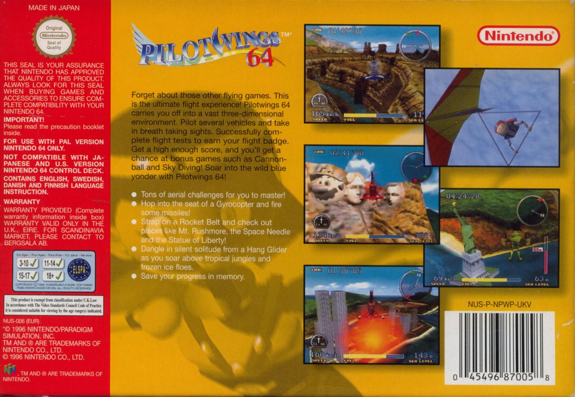 Back Cover for Pilotwings 64 (Nintendo 64)