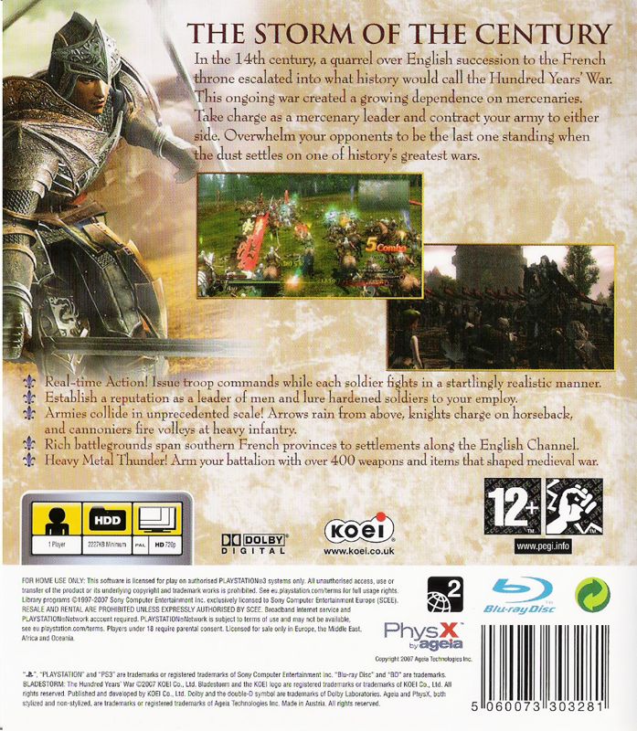 Back Cover for Bladestorm: The Hundred Years' War (PlayStation 3)