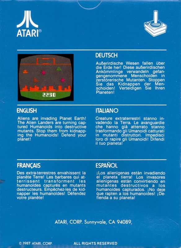 Back Cover for Defender (Atari 2600) (1987 release)