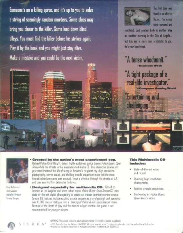 Back Cover for Daryl F. Gates Police Quest: Open Season (DOS and Windows 3.x)