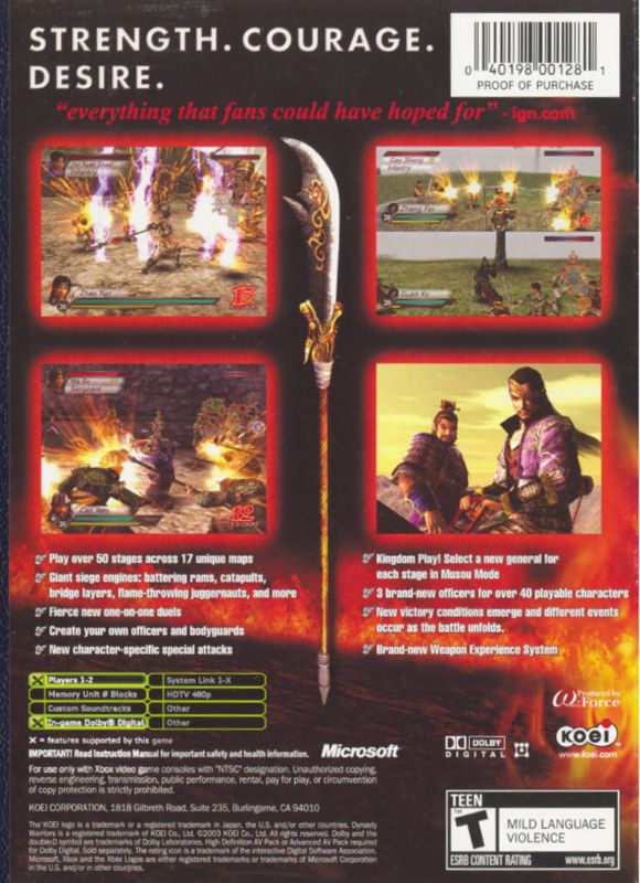 Back Cover for Dynasty Warriors 4 (Xbox)