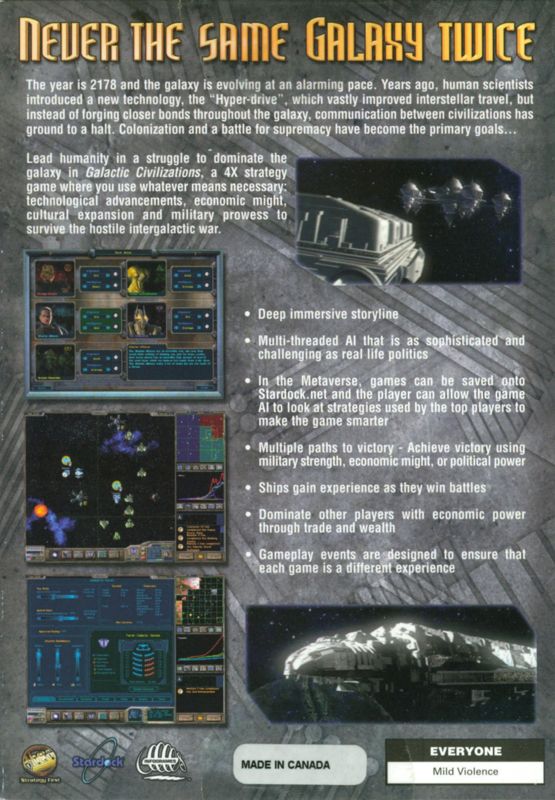 Back Cover for Galactic Civilizations (Windows)