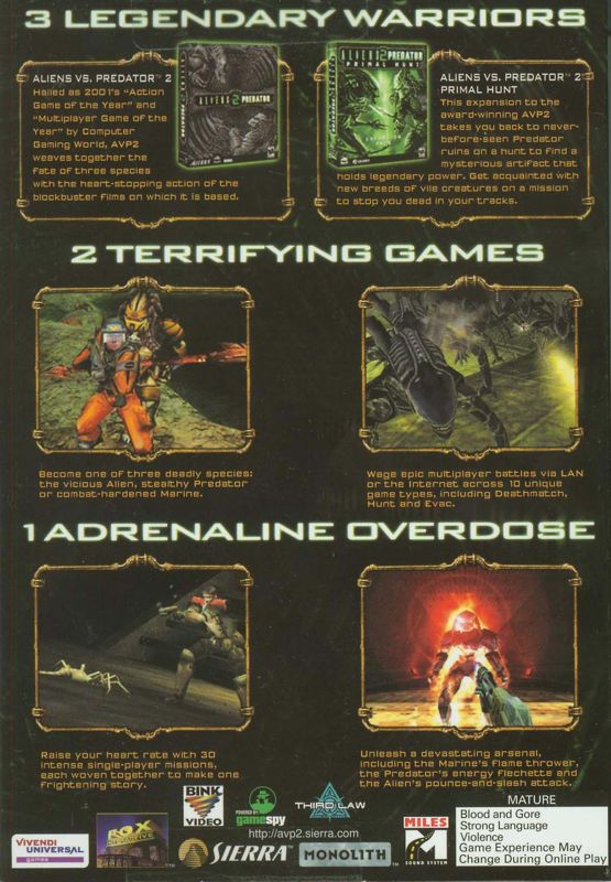 Back Cover for Aliens Versus Predator 2: Gold Edition (Windows)