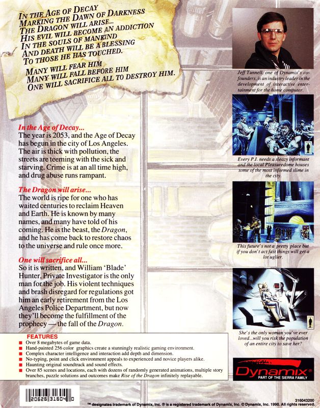 Back Cover for Rise of the Dragon (DOS) (Dual Media Release (16 Colors version))