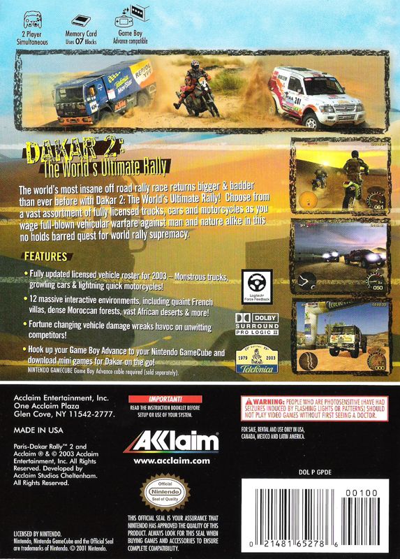 Back Cover for Dakar 2: The World's Ultimate Rally (GameCube)