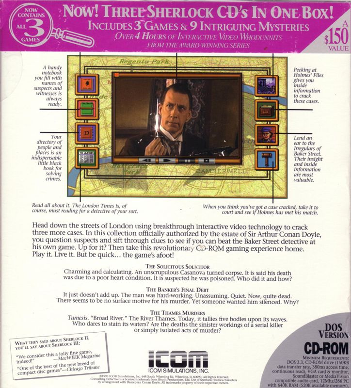 Back Cover for Sherlock Holmes: Consulting Detective Collection (DOS) (Packaged in the Sherlock Holmes Consulting Detective III box with a Sleeve.)