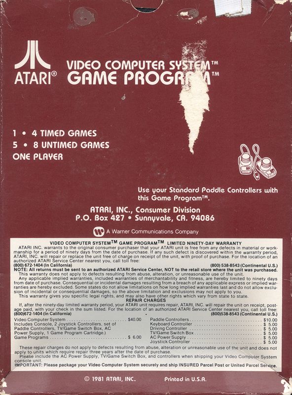 Back Cover for Night Driver (Atari 2600) (1981 release)