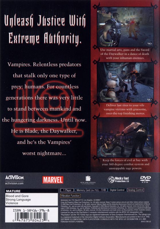 Back Cover for Blade II (PlayStation 2)