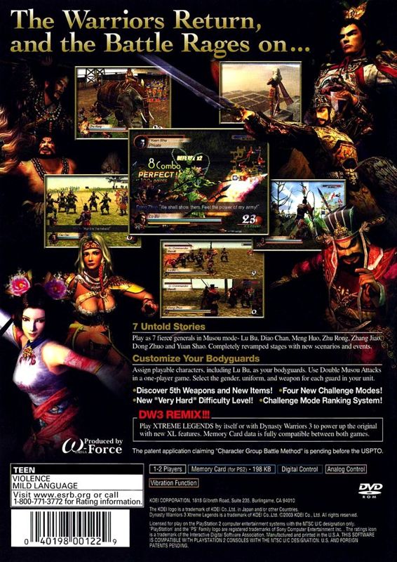 Back Cover for Dynasty Warriors 3: Xtreme Legends (PlayStation 2)