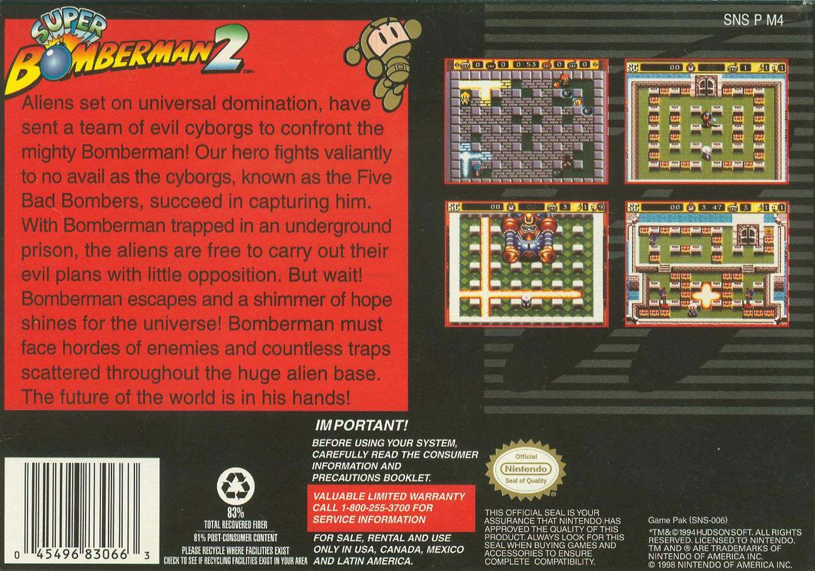 Back Cover for Super Bomberman 2 (SNES)