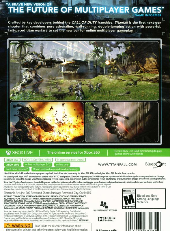 Back Cover for Titanfall (Xbox 360)