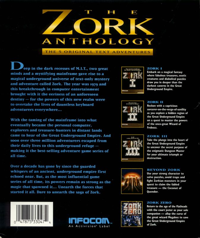 Back Cover for The Zork Anthology (DOS and Macintosh)