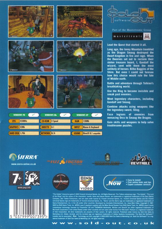 Back Cover for The Hobbit (Windows) (Sold Out Software release)