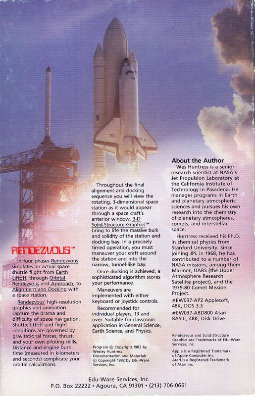 Back Cover for Rendezvous: A Space Shuttle Flight Simulation (Apple II)